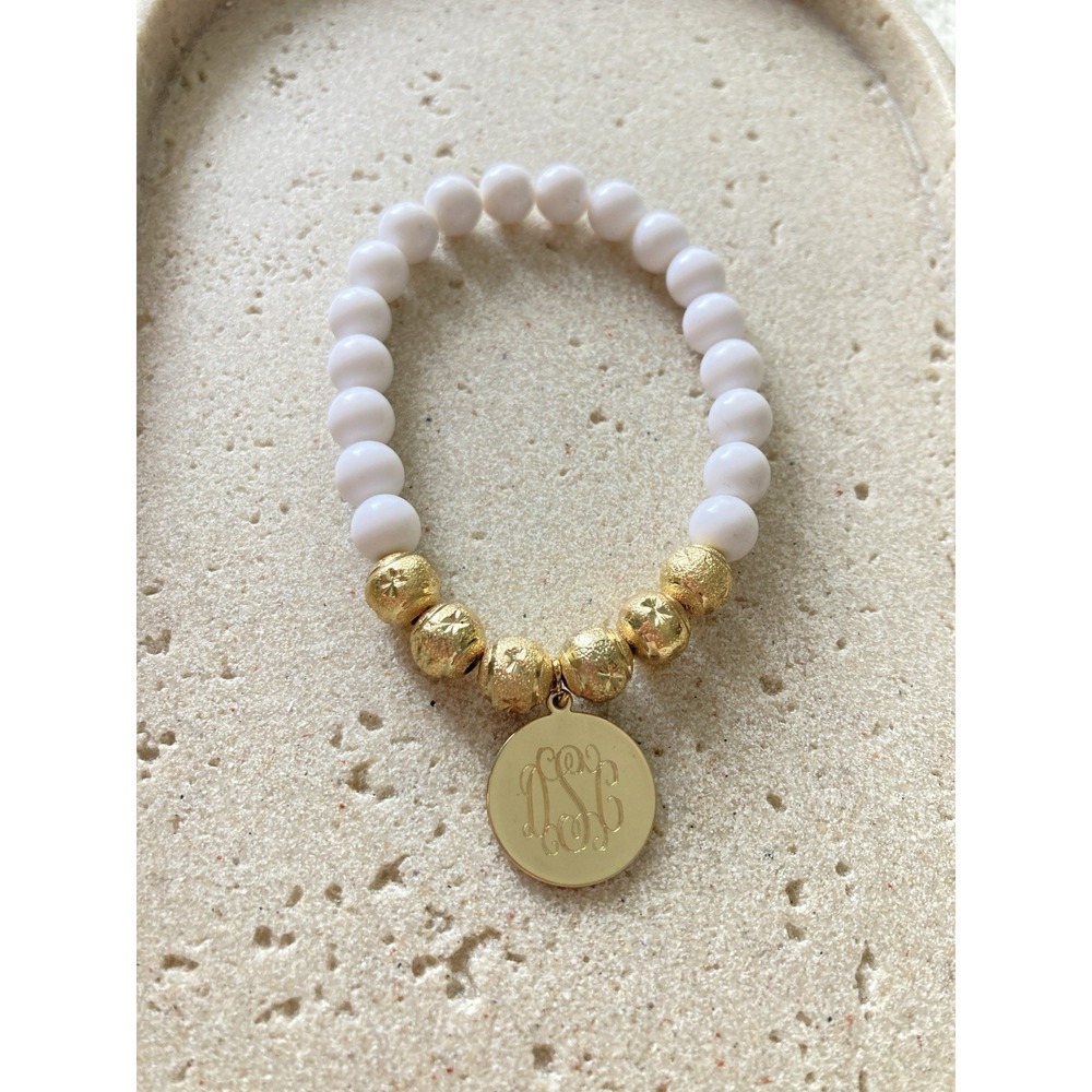 Monogram‎ DSC Charm Stretch Bracelet White Beads Gold Tone Personalized Initial